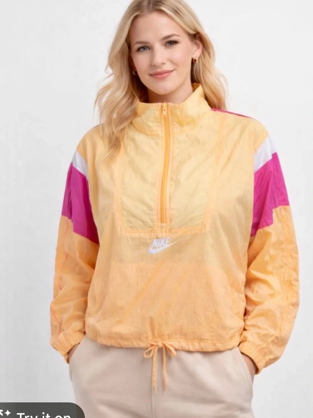 Vintage Nike 90’s Women's Yellow & Pink Quarter-Zip Windbreaker Jacket XS